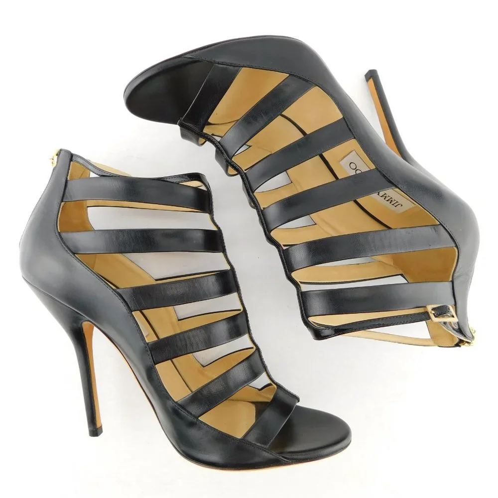 JIMMY CHOO Black Leather Caged Open Toe Bootie Heel Pumps 41